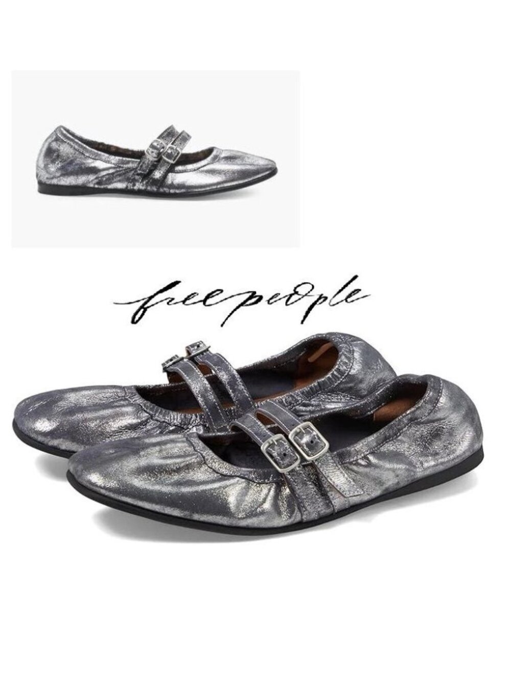Free People Gemini Ballet Flats 7.5 Silver Distressed Suede Double Strap NEW